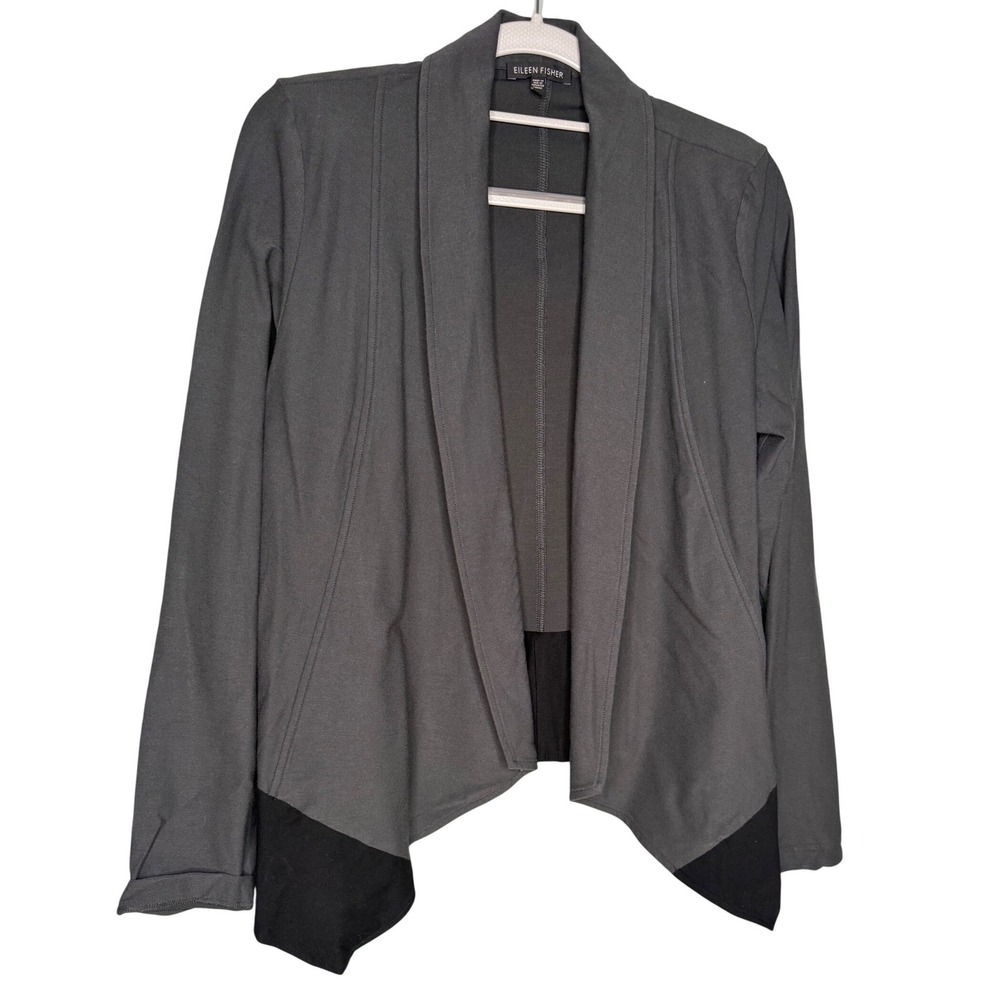 Eileen Fisher colorblock drape open front cardigan grey & black business career